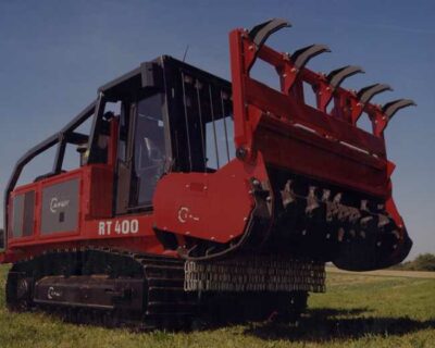 an image of the RT 400 as a split image on the homepage. large red machine used for mulching